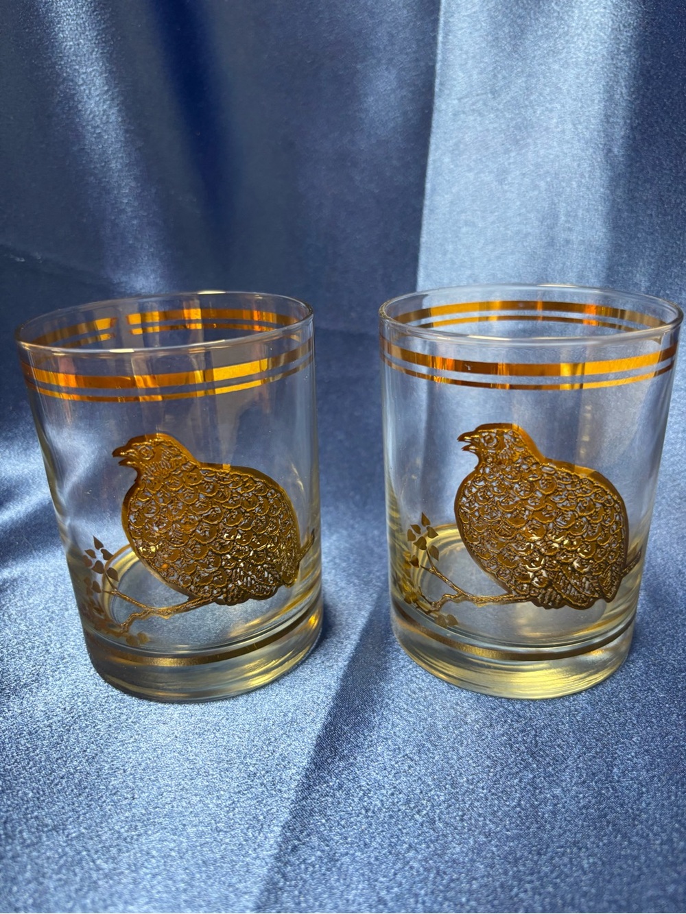 Vintage Signed GB Gold Quail Accent Double Old Fashioned Glass - Set of 2